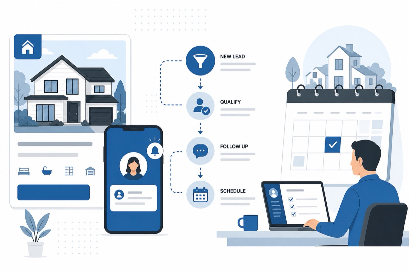 Real estate listing card and phone alert feeding a simple lead pipeline