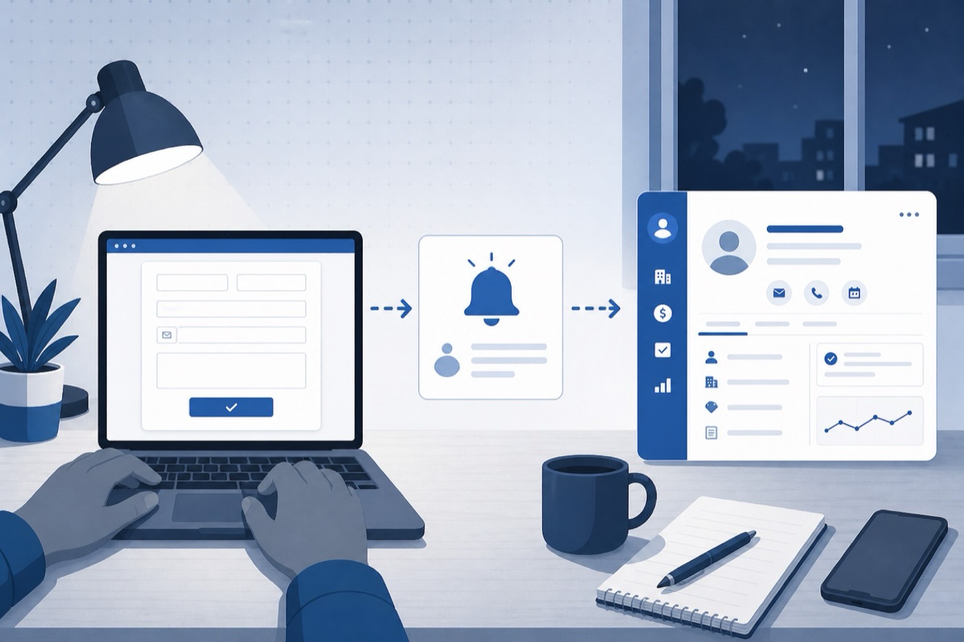 Desk at night with a lead form on a laptop and an alert notification for follow-up