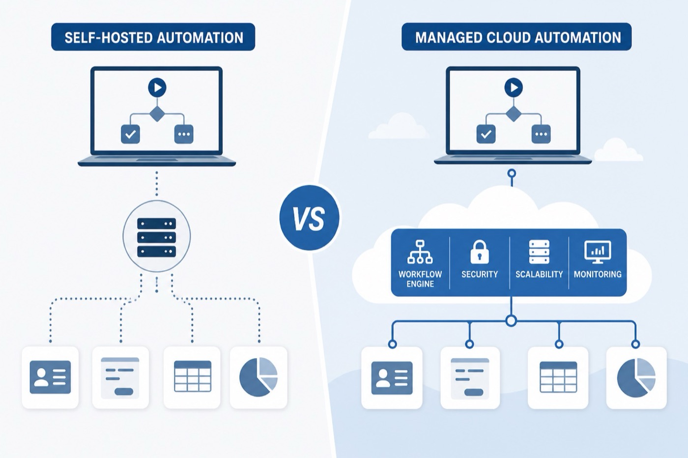 Side-by-side comparison of building automations on your tools versus ScopedOps hosting the middle layer