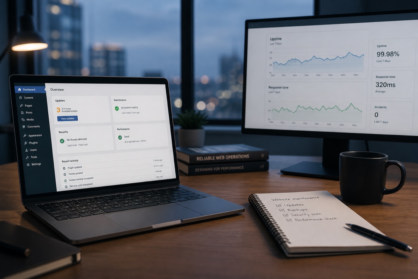 Desk with a laptop open to a website admin dashboard and update notices at dusk